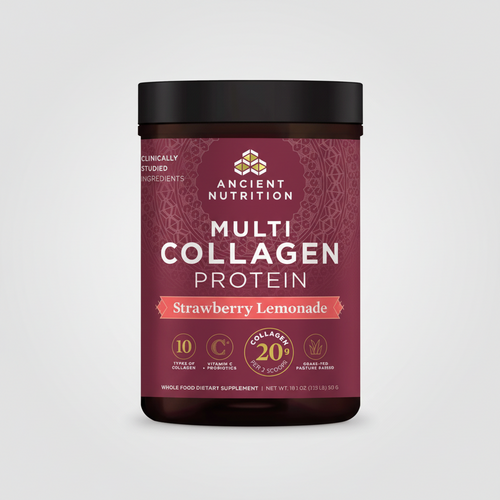 Ancient Nutrition Multi Collagen Protein container with strawberry lemonade flavor on a white background