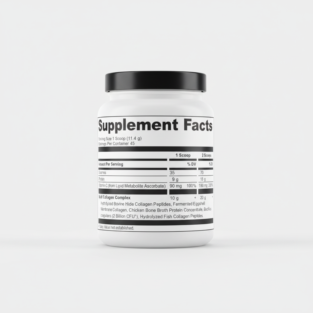 Supplement facts label with detailed nutritional information on a white background