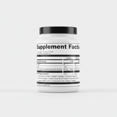 Supplement facts label with detailed nutritional information on a white background