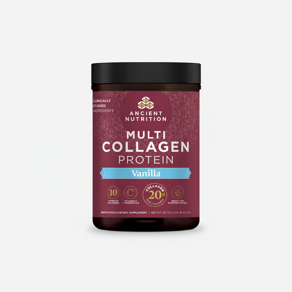 Jar of Ancient Nutrition Multi Collagen Protein Vanilla flavor on a white background