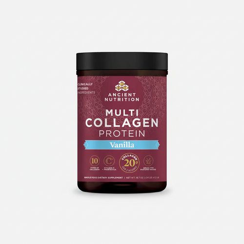 Jar of Ancient Nutrition Multi Collagen Protein Vanilla flavor on a white background