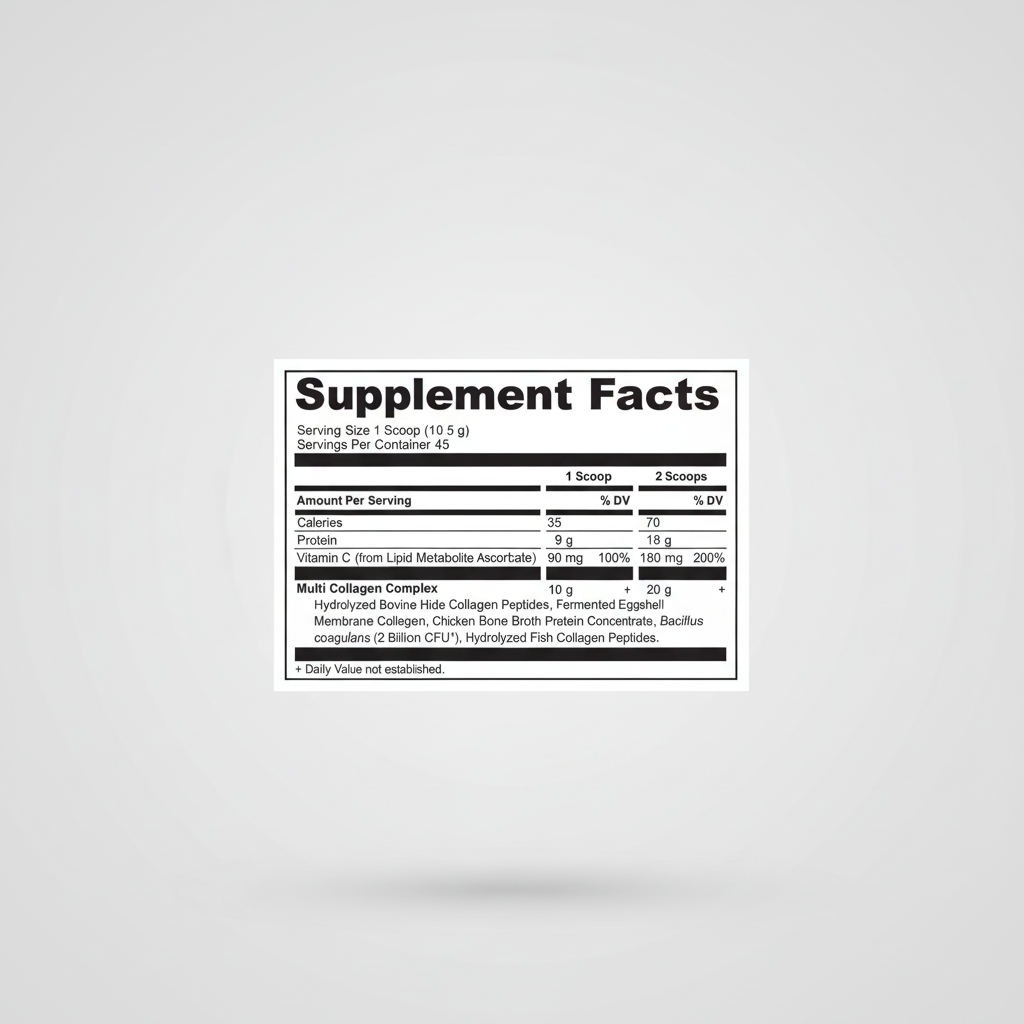 Supplement facts label for a product with detailed nutritional information.
