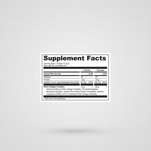 Supplement facts label for a product with detailed nutritional information.