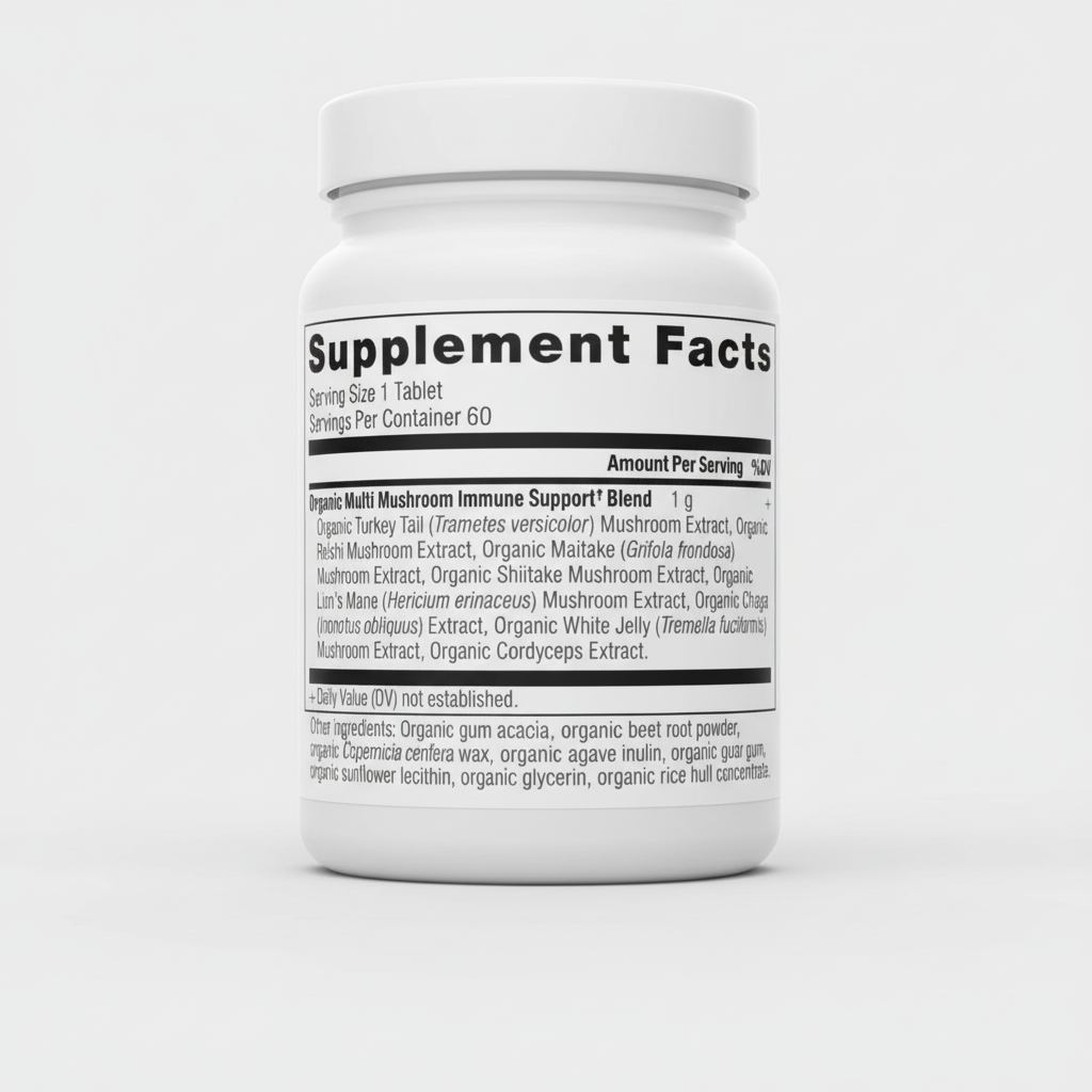 Supplement facts label for a multi-mushroom immune support blend on a white background