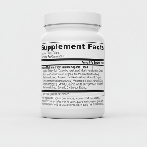 Supplement facts label for a multi-mushroom immune support blend on a white background