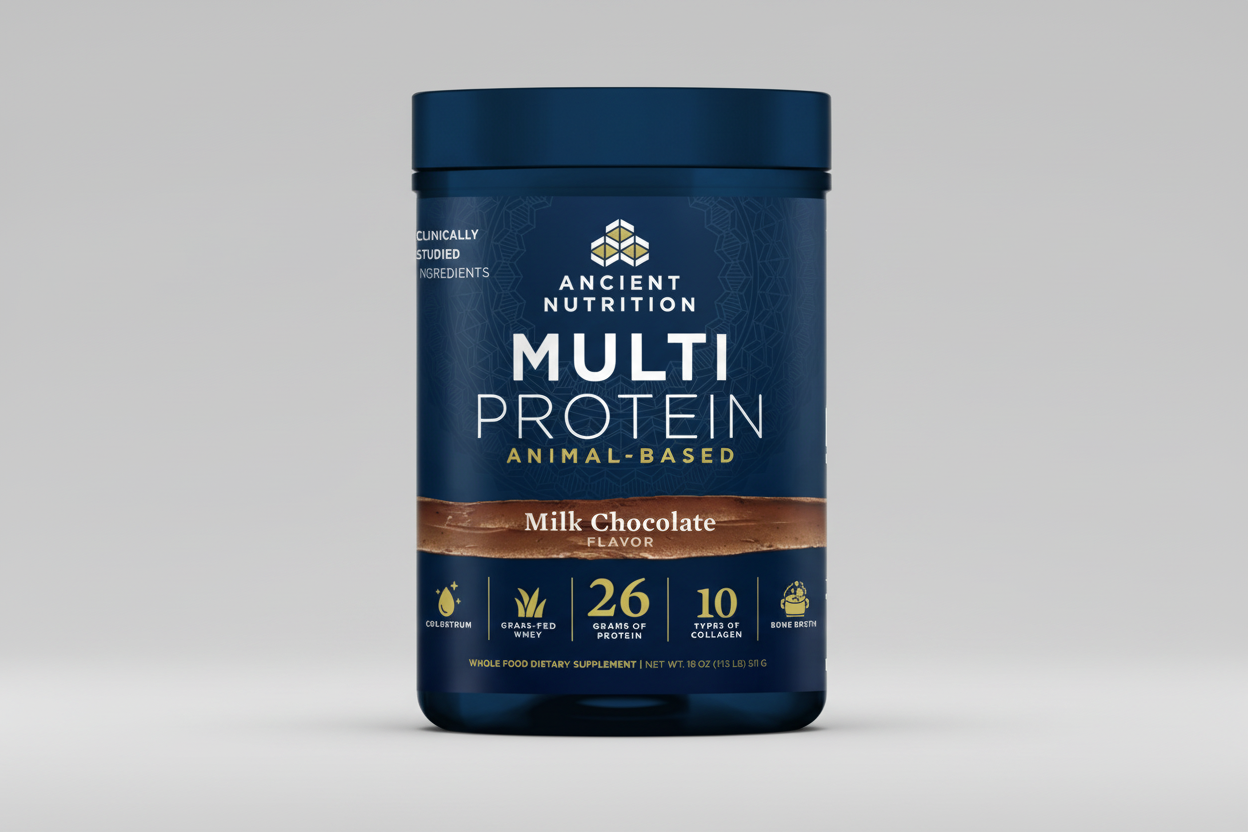 Ancient Nutrition Multi Protein container with blue label and chocolate flavor text