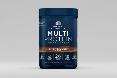Ancient Nutrition Multi Protein container with blue label and chocolate flavor text
