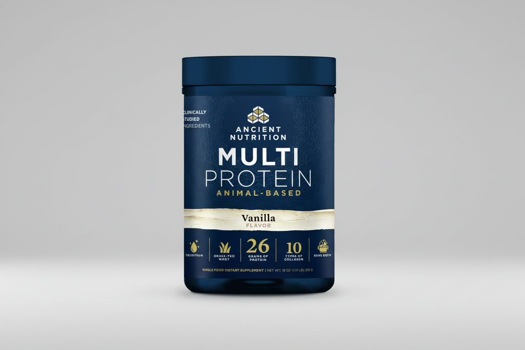Ancient Nutrition Multi Protein container with blue and gold design