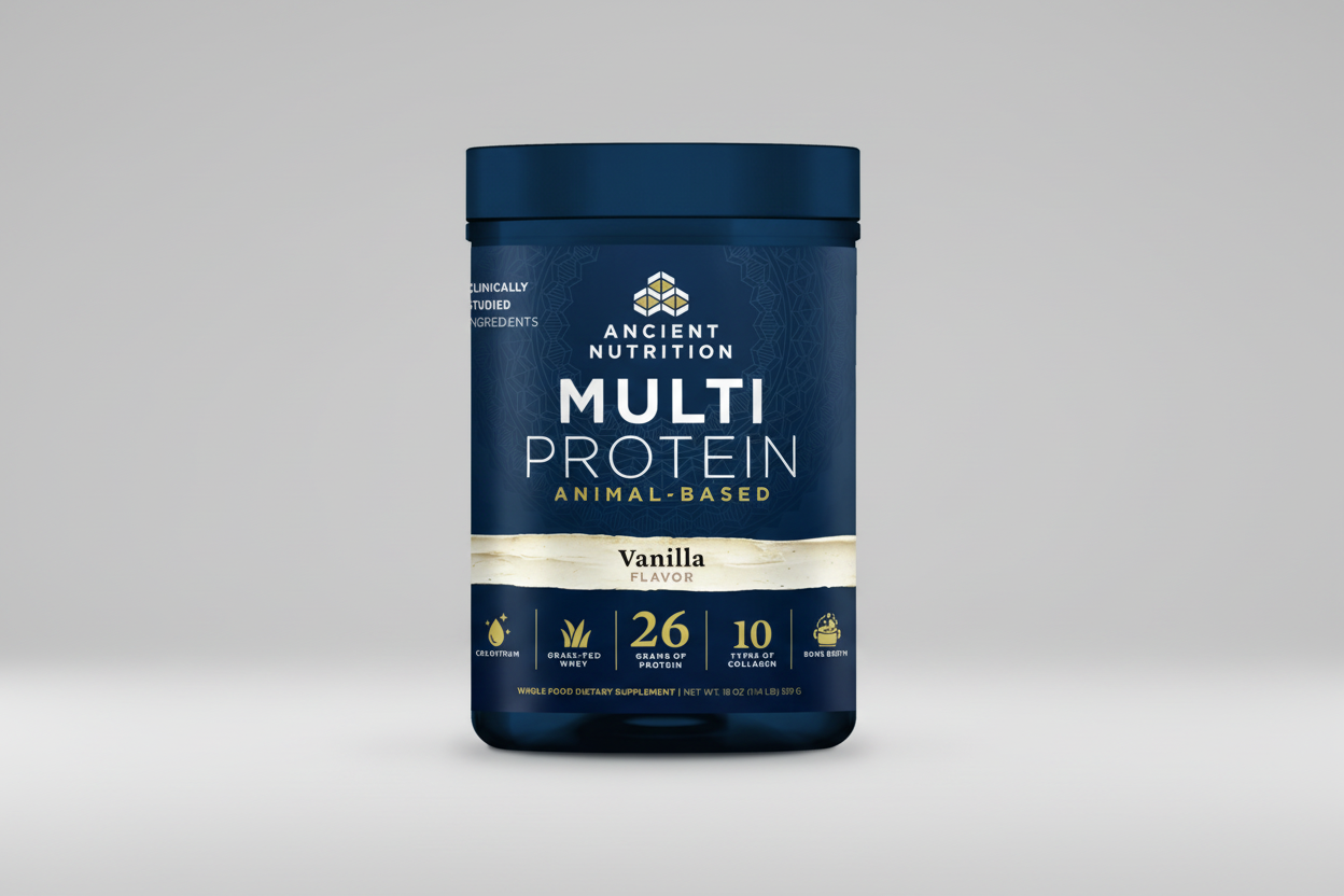 Ancient Nutrition Multi Protein container with blue and gold design
