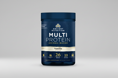 Ancient Nutrition Multi Protein container with blue and gold design