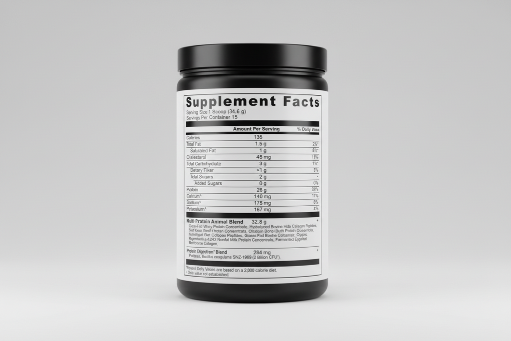 Supplement facts label with nutritional information on a white background
