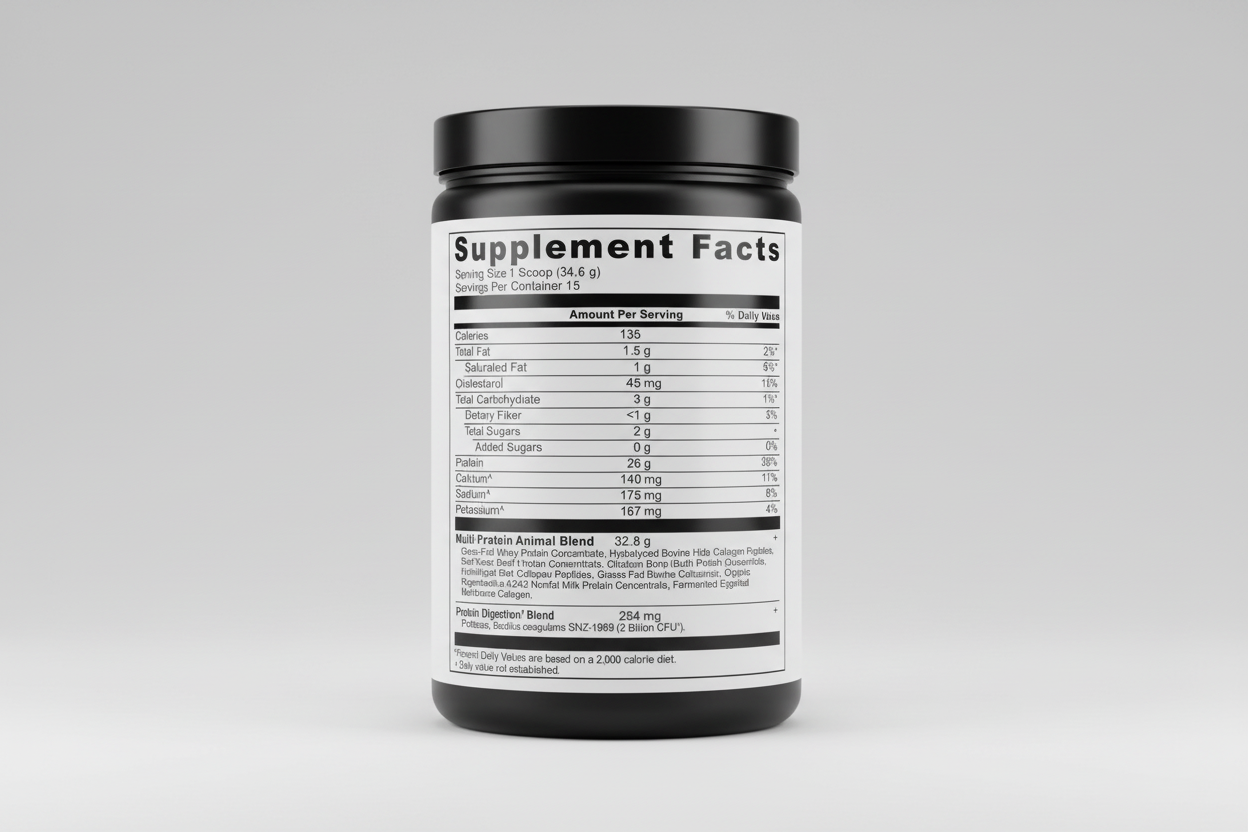 Supplement facts label with nutritional information on a white background