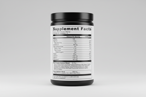 Supplement facts label with nutritional information on a white background