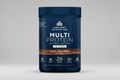 Ancient Nutrition Multi Protein container with dark chocolate flavor on a blue background