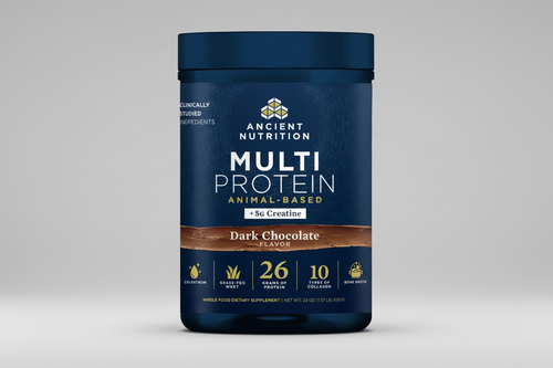 Ancient Nutrition Multi Protein container with dark chocolate flavor on a blue background