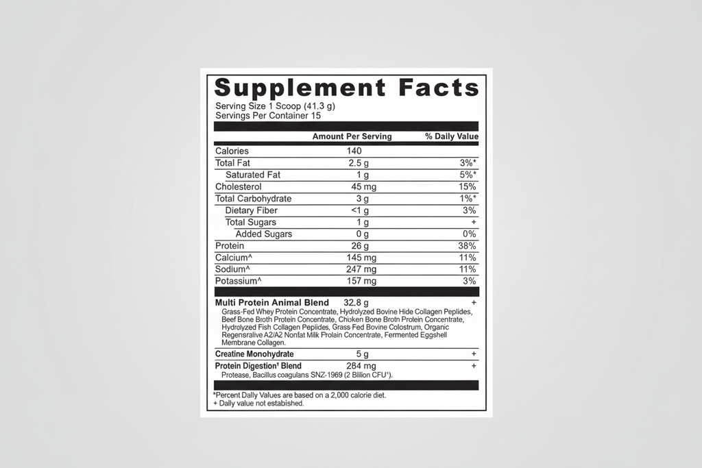 Supplement facts label for a protein product with detailed nutritional information.