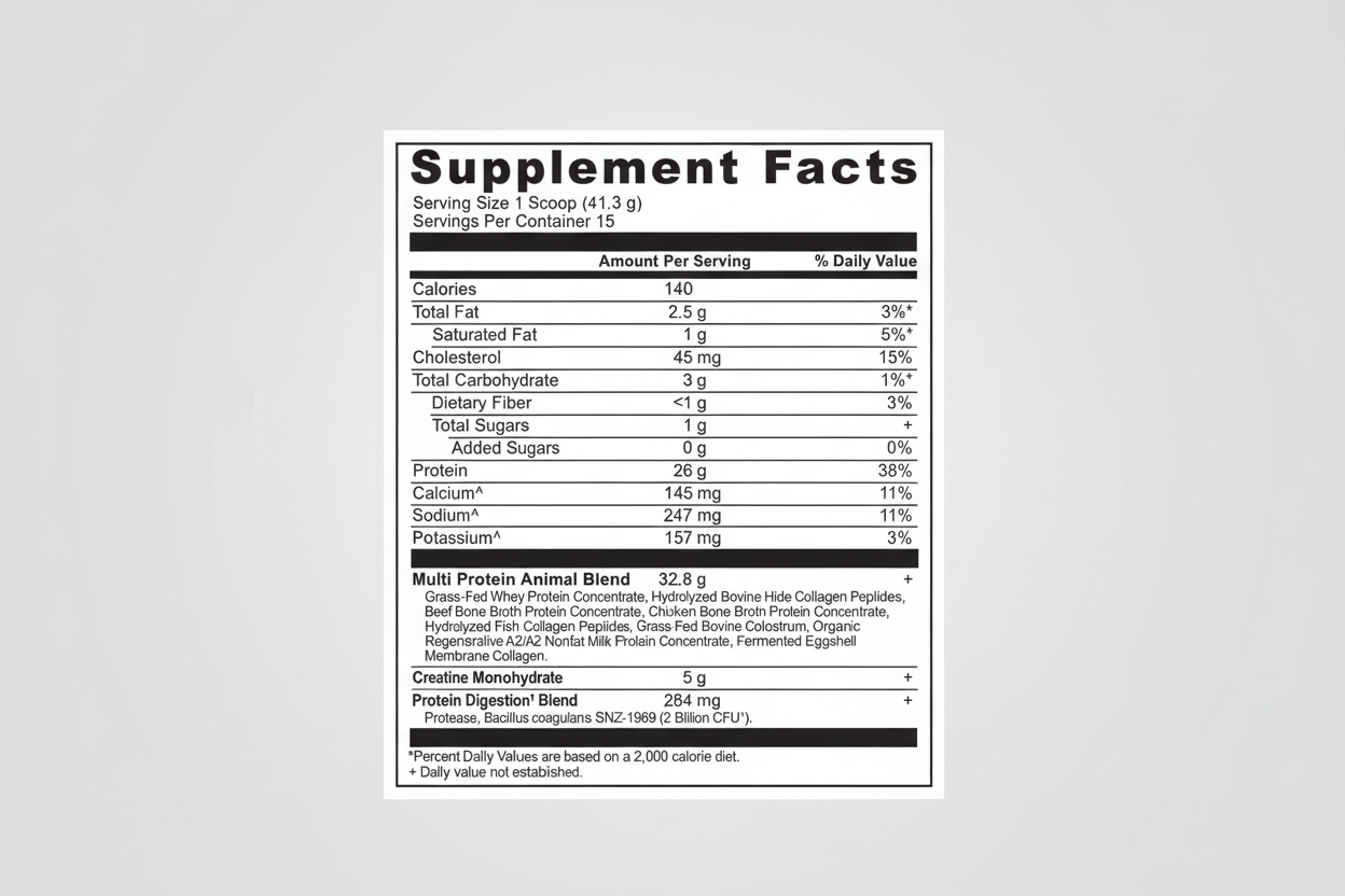 Supplement facts label for a protein product with detailed nutritional information.