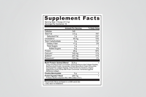 Supplement facts label for a protein product with detailed nutritional information.