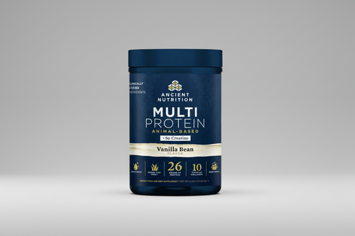 Ancient Nutrition Multi Protein container with vanilla bean flavor on a white background