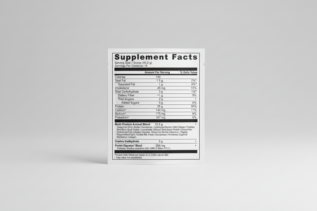 Supplement facts label for a protein product with detailed nutritional information.