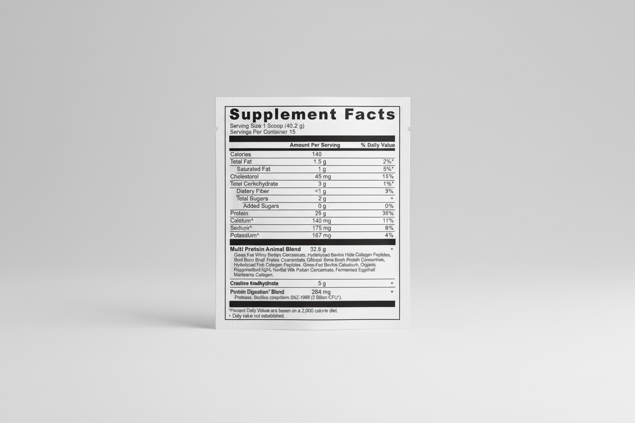 Supplement facts label for a protein product with detailed nutritional information.