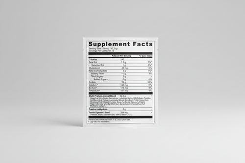 Supplement facts label for a protein product with detailed nutritional information.