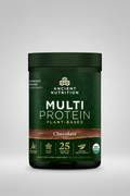 Ancient Nutrition Multi Protein plant-based supplement container with green and brown design.