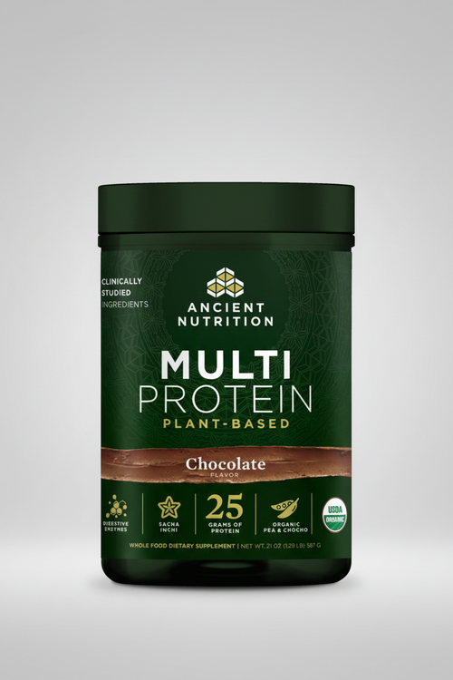 Ancient Nutrition Multi Protein plant-based supplement container with green and brown design.