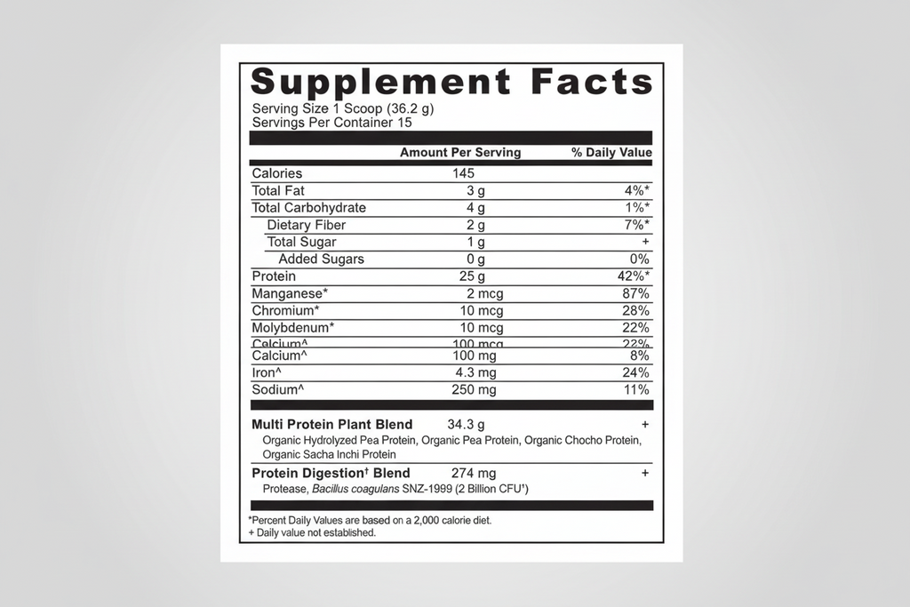 Supplement facts label for a protein product with detailed nutritional information.