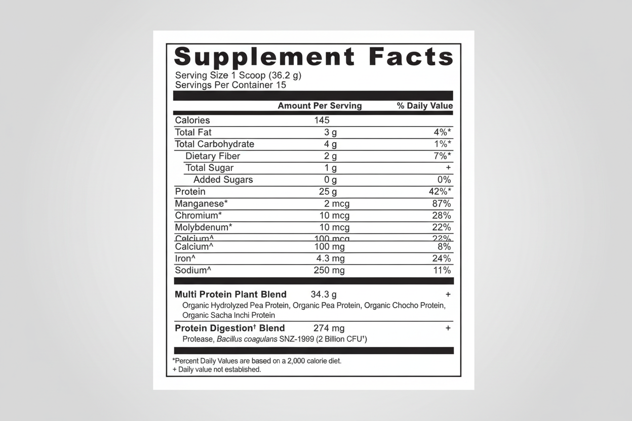 Supplement facts label for a protein product with detailed nutritional information.