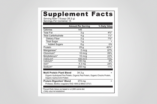 Supplement facts label for a protein product with detailed nutritional information.