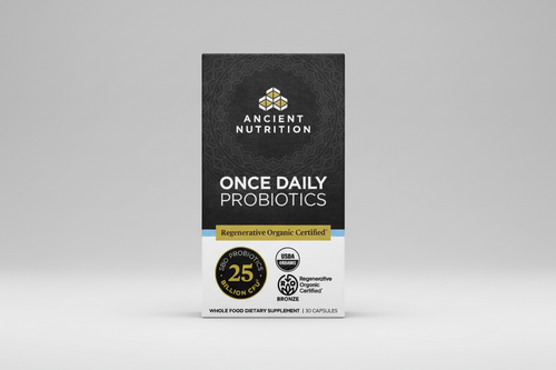 Box of Ancient Nutrition Once Daily Probiotics on a white background