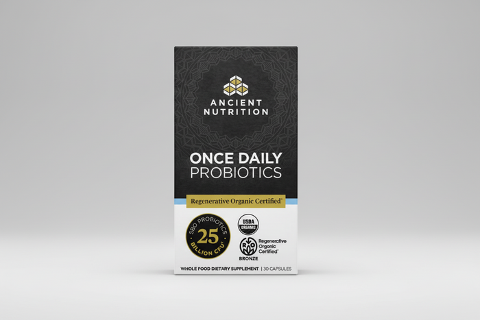 Box of Ancient Nutrition Once Daily Probiotics on a white background