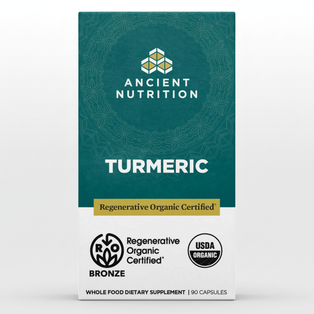Ancient Nutrition Turmeric supplement package on a white background