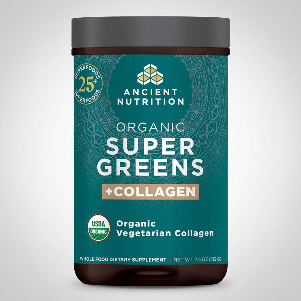 Ancient Nutrition Organic Super Greens + Collagen supplement container on a white background