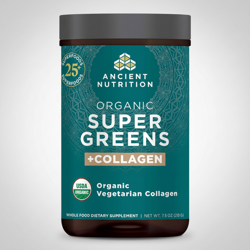 Ancient Nutrition Organic Super Greens + Collagen supplement container on a white background