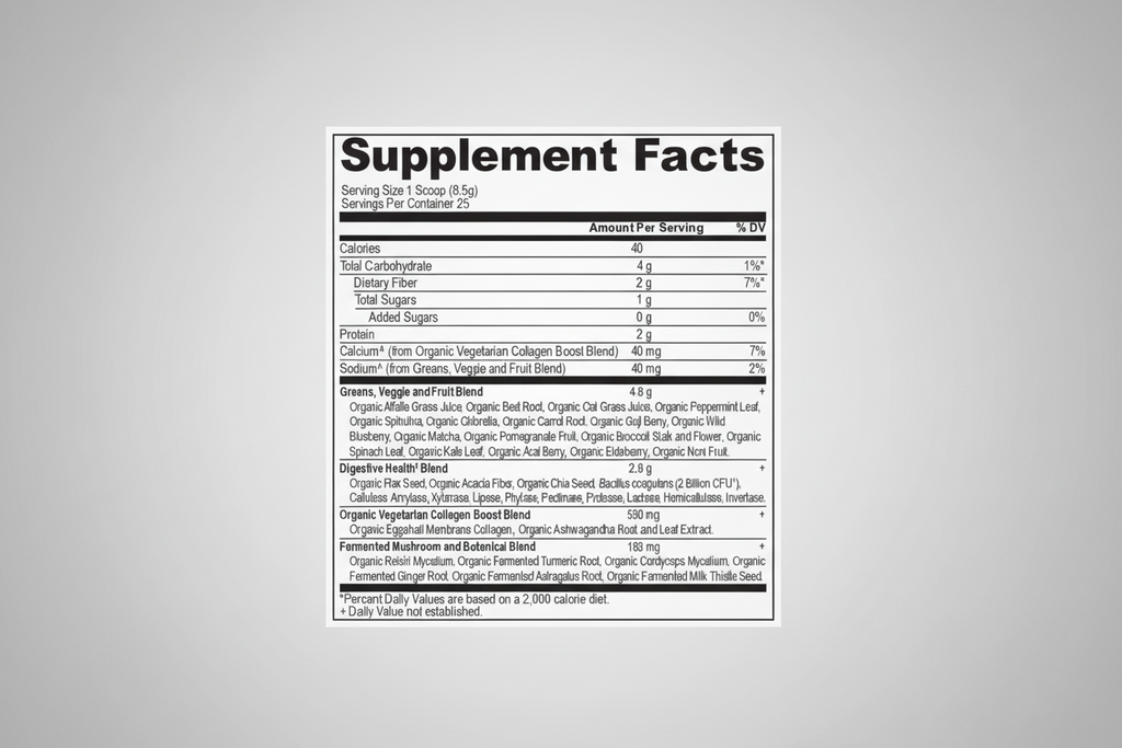 Supplement facts label with detailed nutritional information on a white background