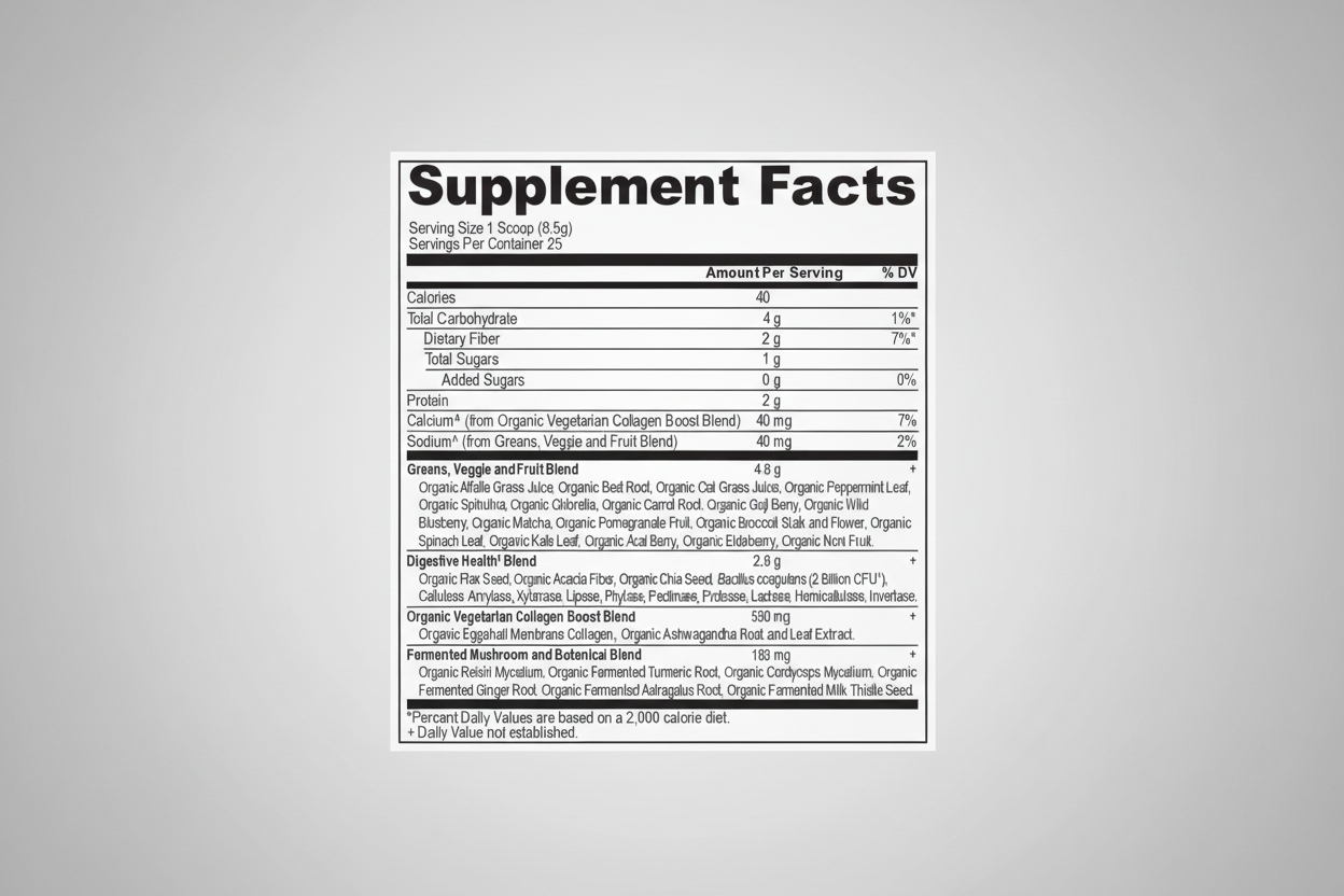 Supplement facts label with detailed nutritional information on a white background