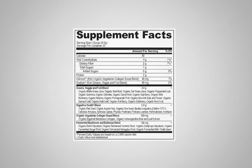 Supplement facts label with detailed nutritional information on a white background