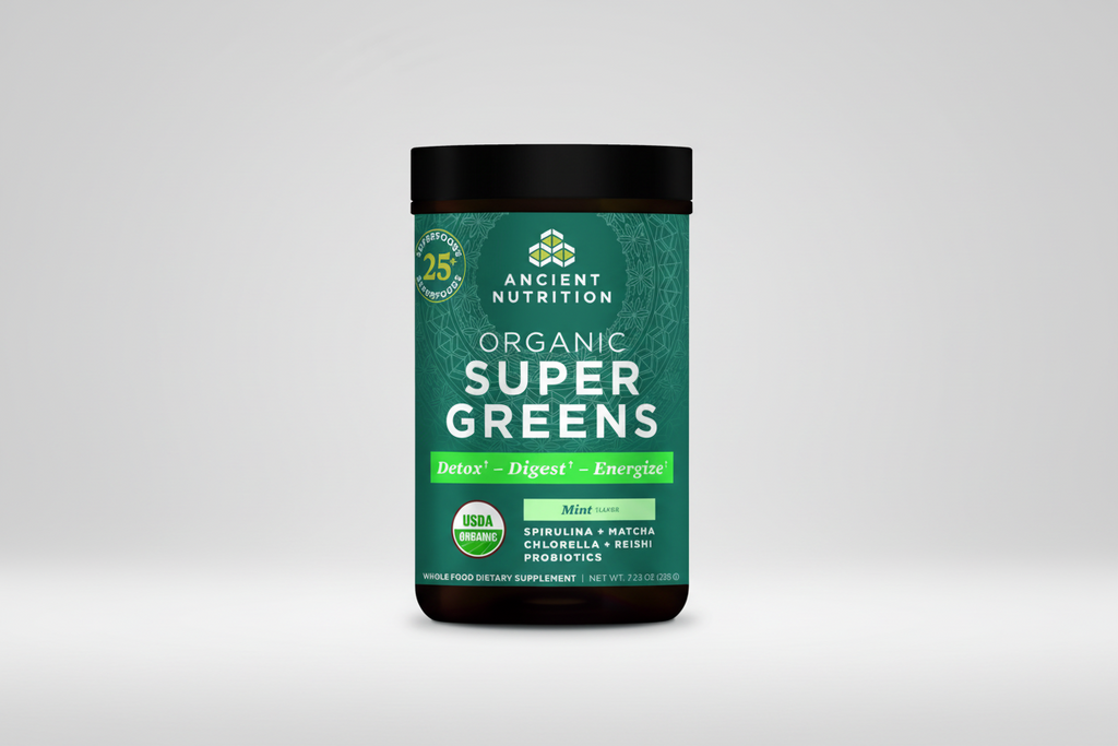 Ancient Nutrition Organic Super Greens supplement container on a white background