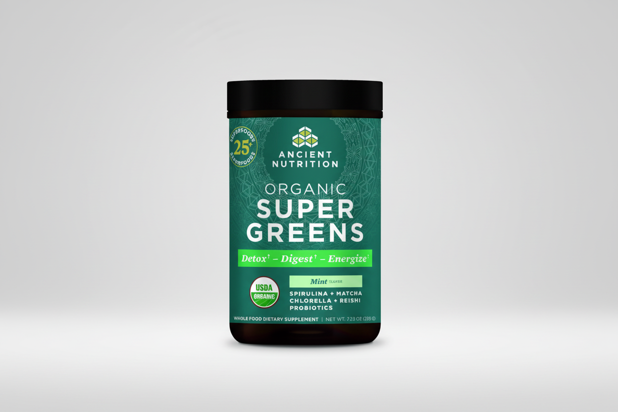 Ancient Nutrition Organic Super Greens supplement container on a white background