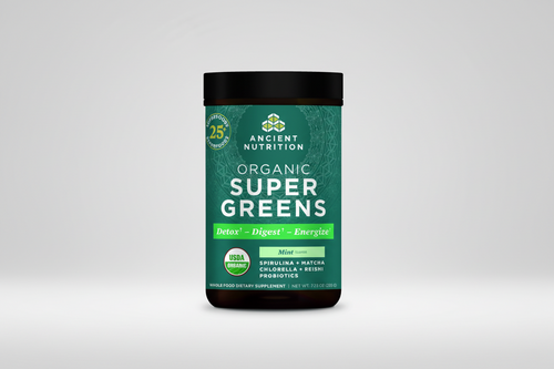 Ancient Nutrition Organic Super Greens supplement container on a white background