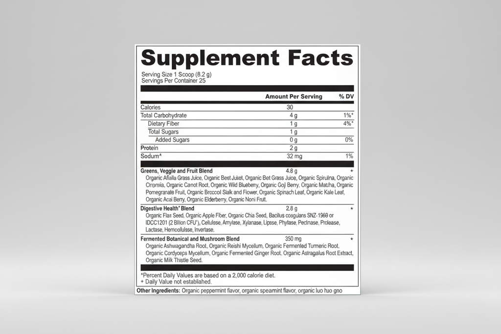 Supplement facts label with detailed nutritional information on a white background