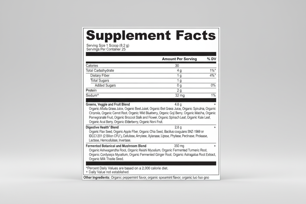 Supplement facts label with detailed nutritional information on a white background
