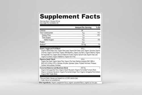 Supplement facts label with detailed nutritional information on a white background