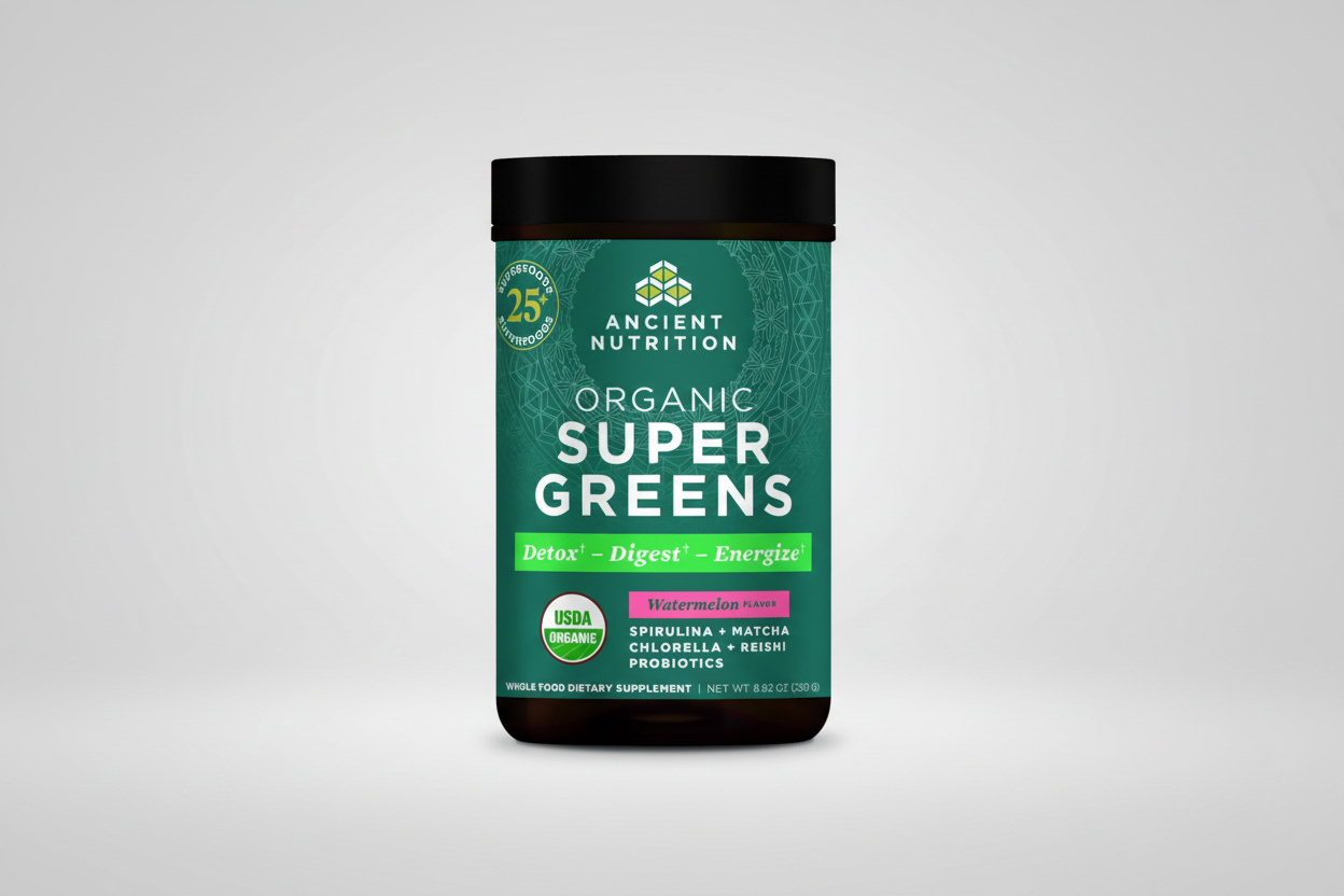 Ancient Nutrition Organic Super Greens supplement container on a white background