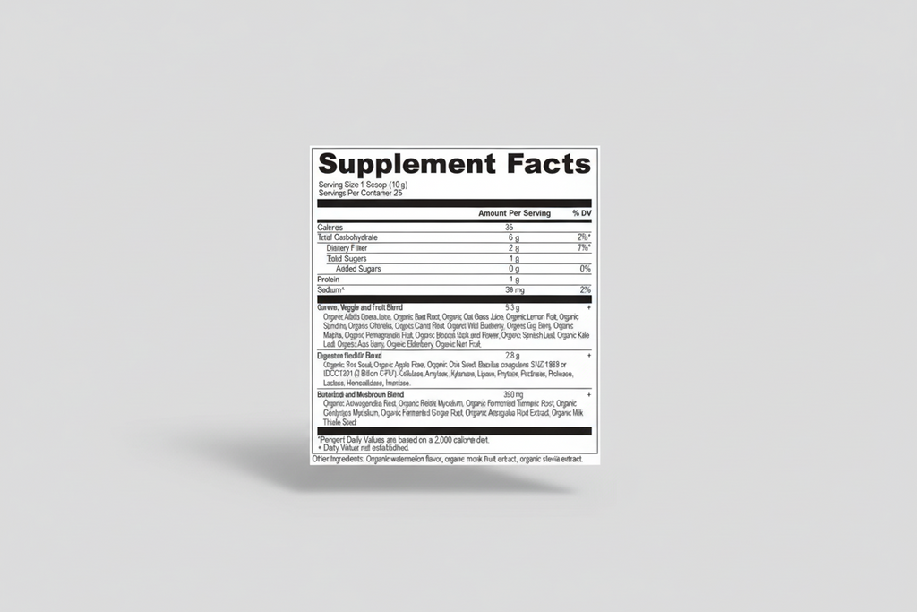 Supplement facts label with detailed nutritional information on a white background