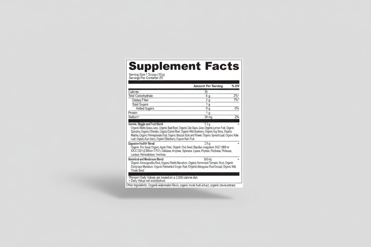 Supplement facts label with detailed nutritional information on a white background