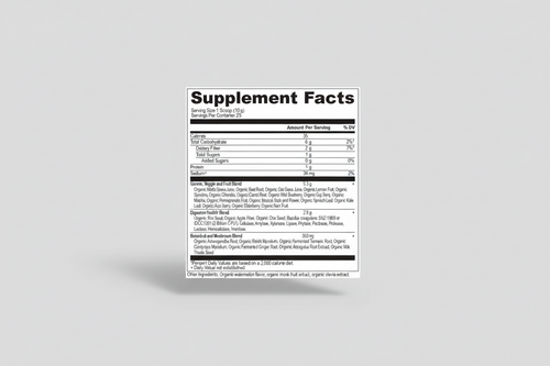 Supplement facts label with detailed nutritional information on a white background