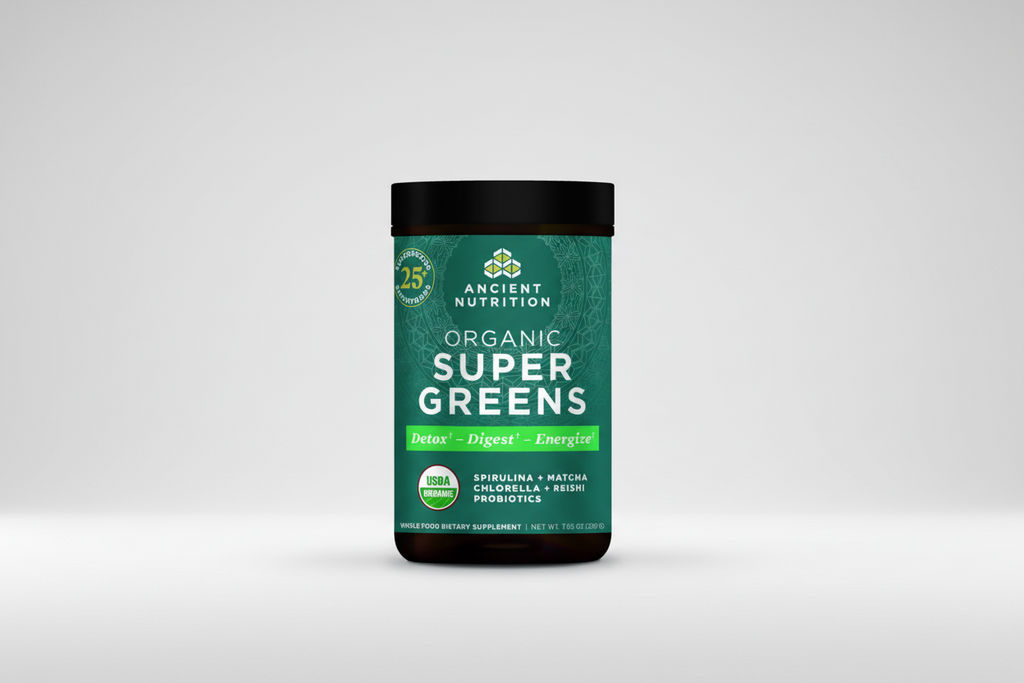 Ancient Nutrition Organic Super Greens supplement container on a white background